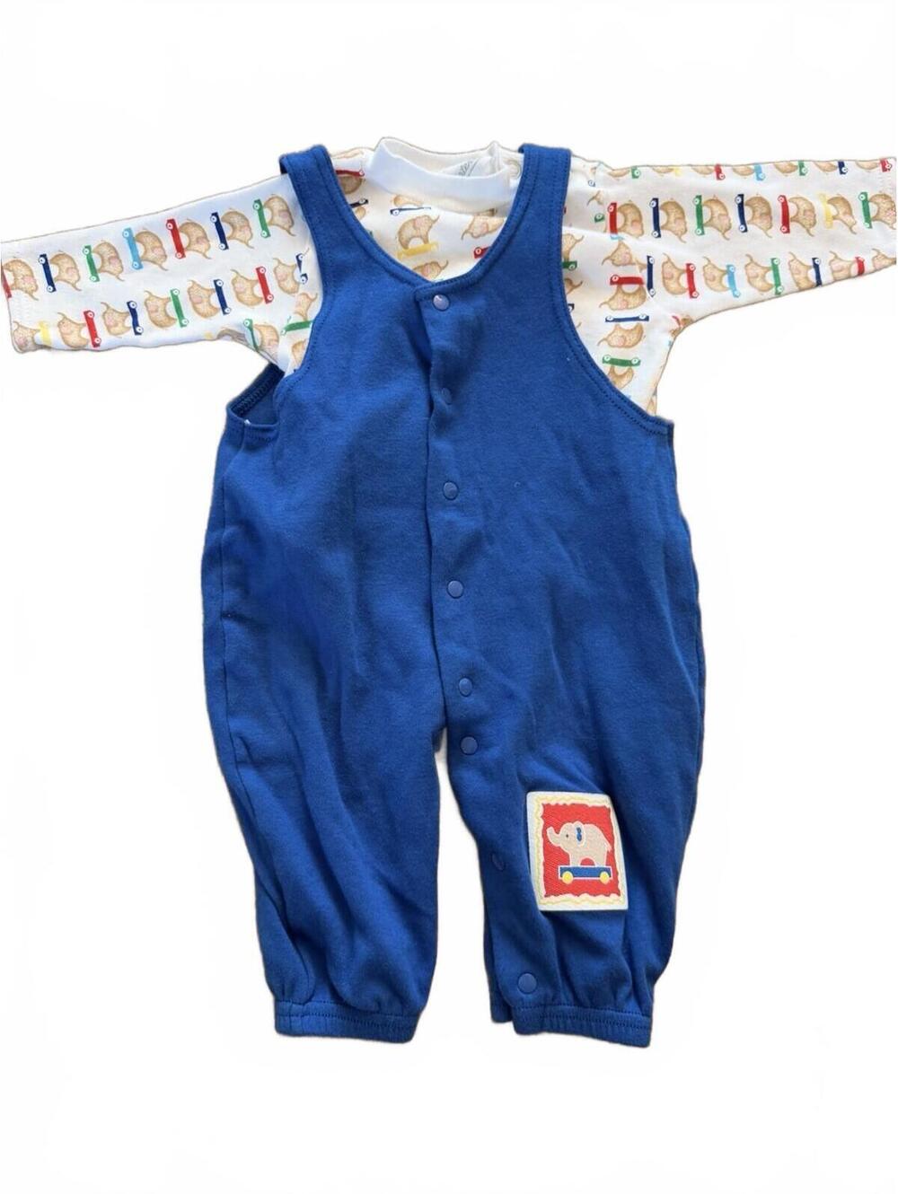 Vintage Carters Blue Overalls & Skateboard Elephant Shirt 2-Piece Set 0-3M
